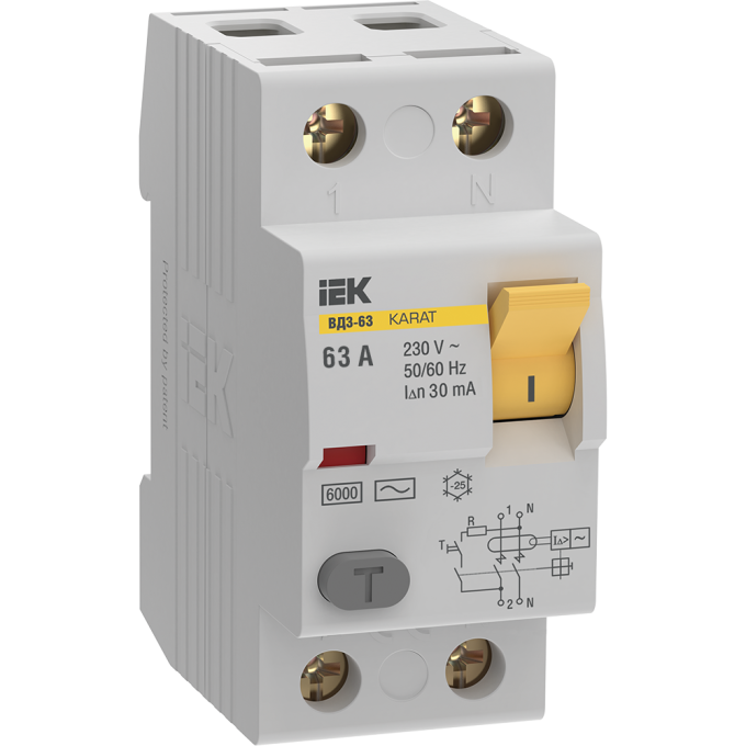Выключатель дифференциальный (УЗО) IEK KARAT ВД3-63 2P 63А 30мА 6кА тип AC MDV20-2-063-030